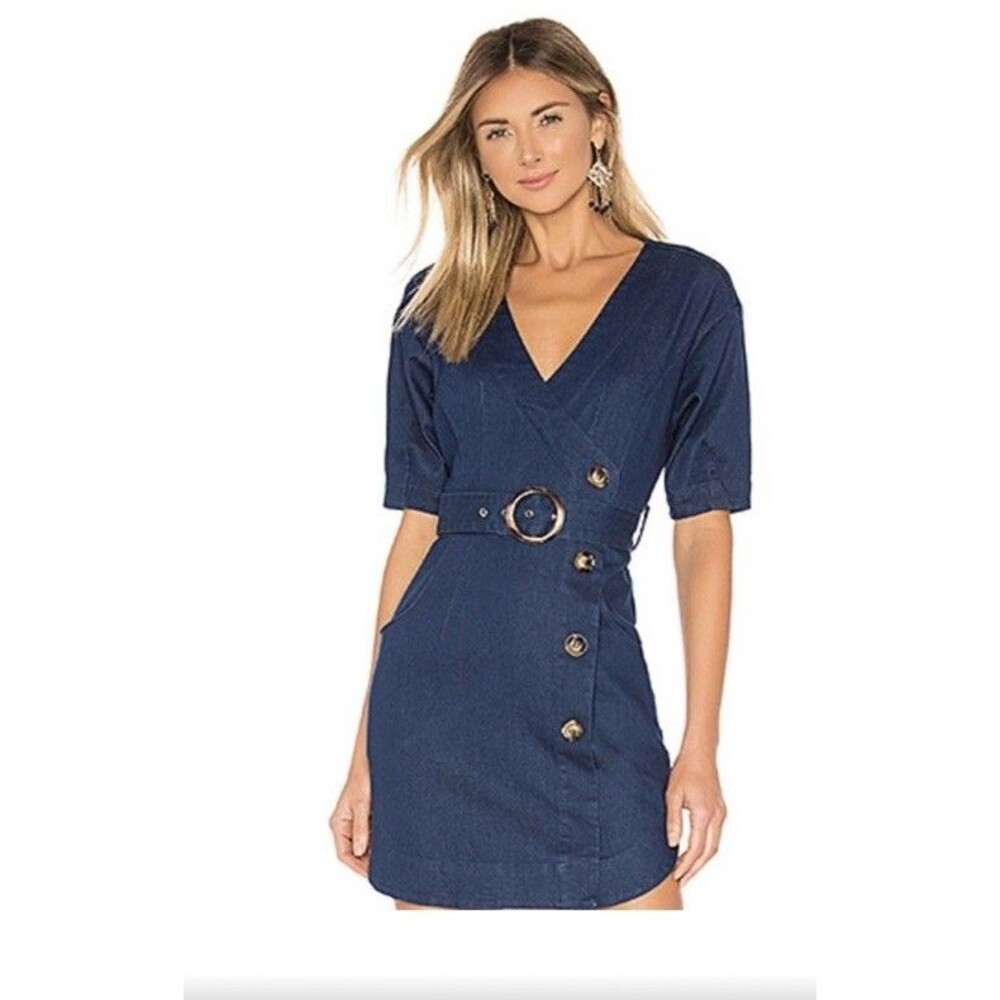 ELLIATT Solange Denim Belted Blue Short Sleeves V-neck Pockets Women’s Sz S